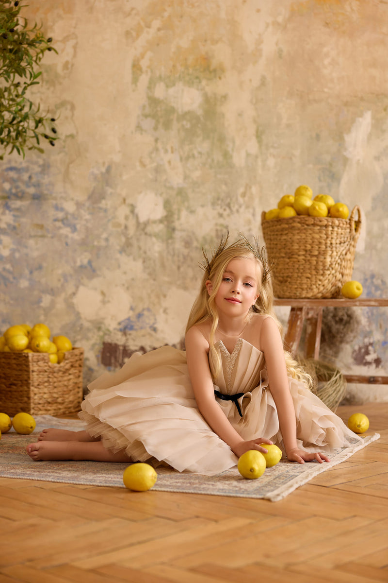 Champagne beige flower girl gown with sparkly neckline