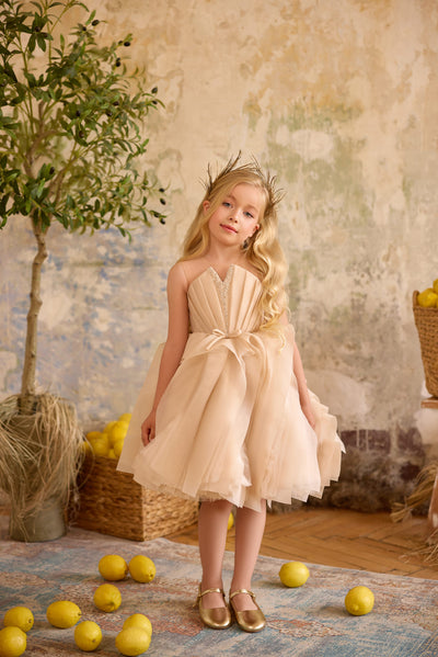 Girl in champagne flower girl dress with pleated bodice and bow