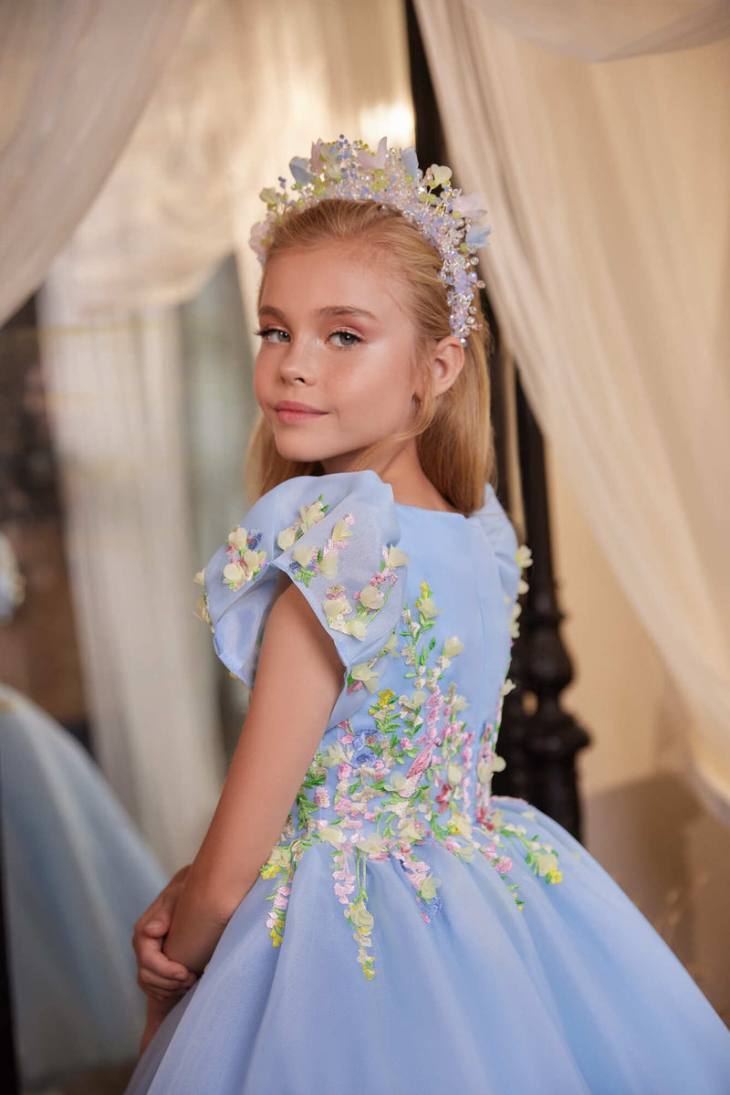 blue organza dress Macy A-line Short Sleeved Mini Neck to hem 41 (approximately size small) Sleeve length 22 3/4 Fabric Light Blue Organza Sheath Prom
