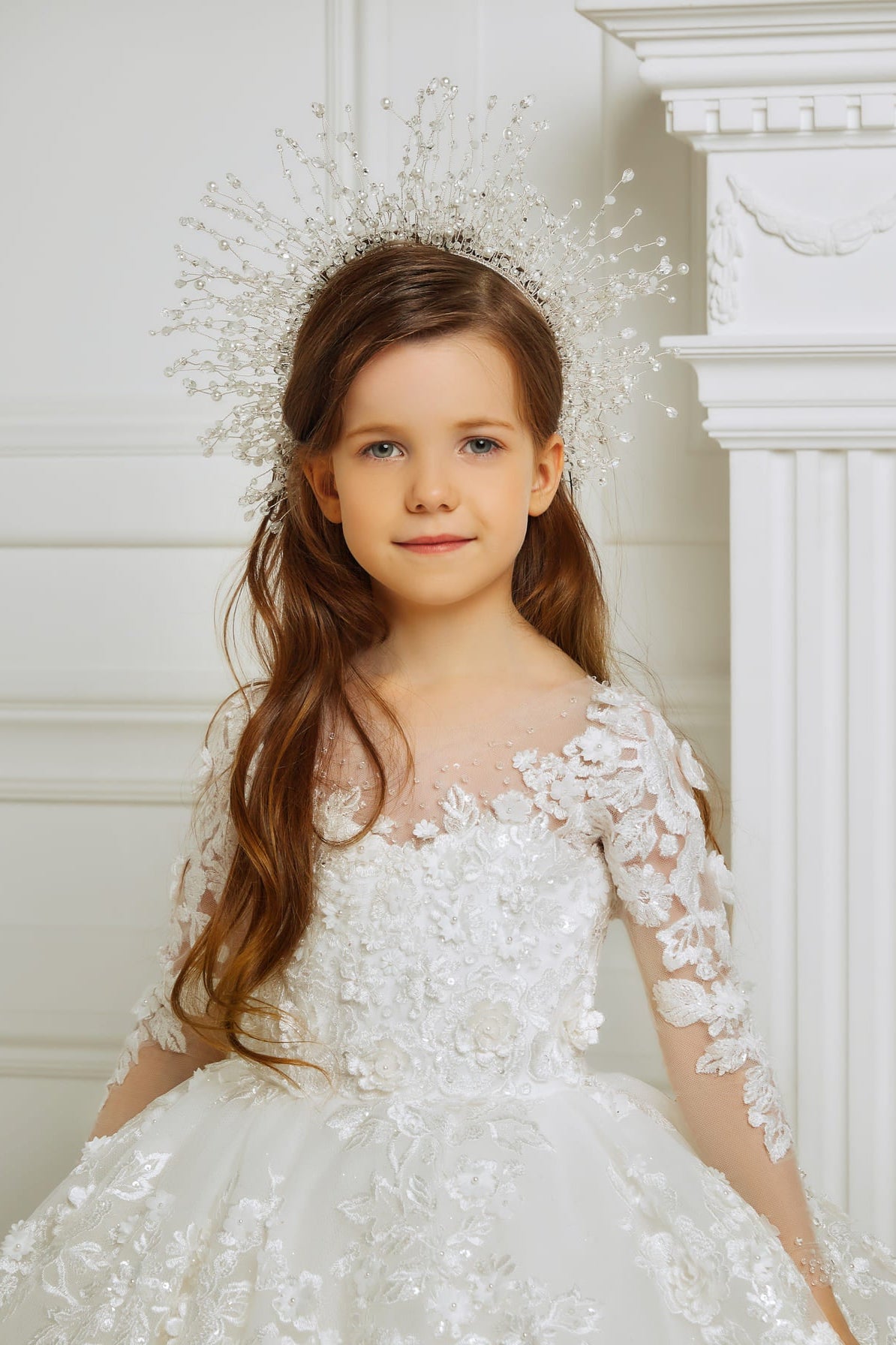Halo-style crystal crown for girls – First Communion, pageant, or flower girl accessory
