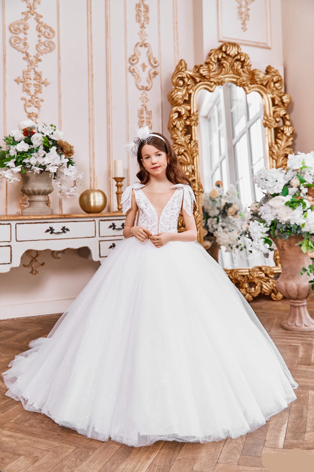 Embroidered V-neck Ballgown with Shoulder Bows by Mia Bambina Boutique Canada