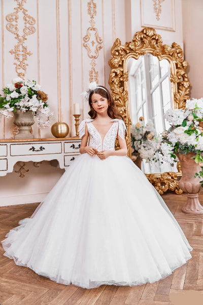 Embroidered V-neck Ballgown with Shoulder Bows by Mia Bambina Boutique Canada