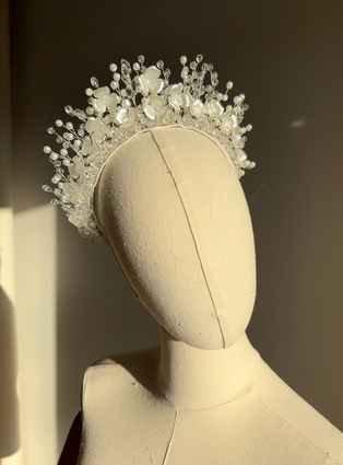 Handmade ivory floral pearl crown headband with petals and crystal beads – wedding & communion hairpiece