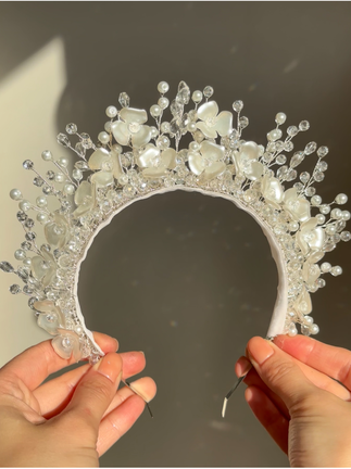 Handmade ivory floral pearl crown headband with petals and crystal beads – wedding & communion hairpiece