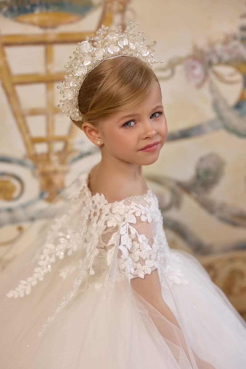Floral Pearl Crown Headband for Girls | Wedding & First Communion Flower Tiara