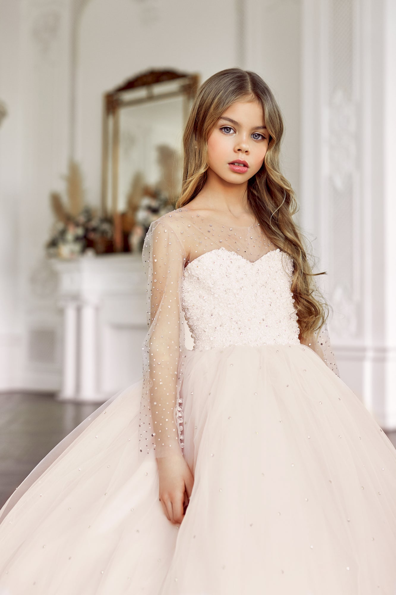 Girls Pearl and Diamond Encrusted Dress with Sheer Sleeves by Mia Bambina Boutique Canada