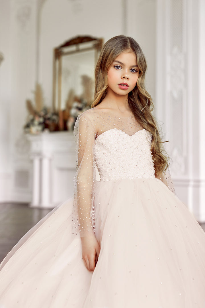 Girls Pearl and Diamond Encrusted Dress with Sheer Sleeves by Mia Bambina Boutique Canada