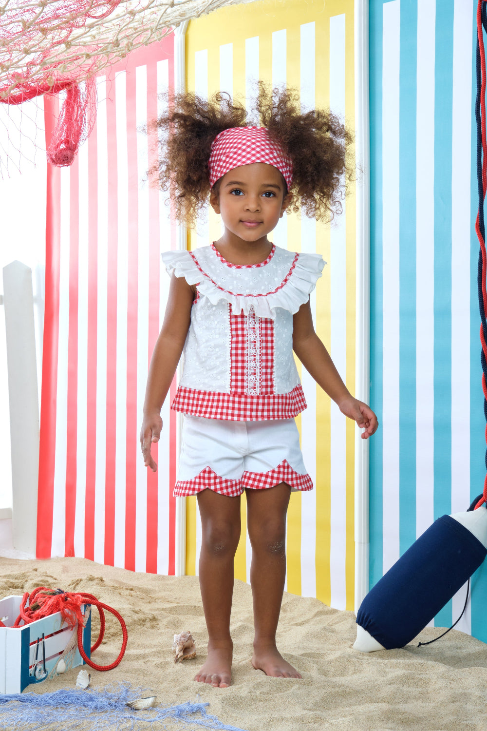 Gingham Girls Shorts Outfit in White and Red