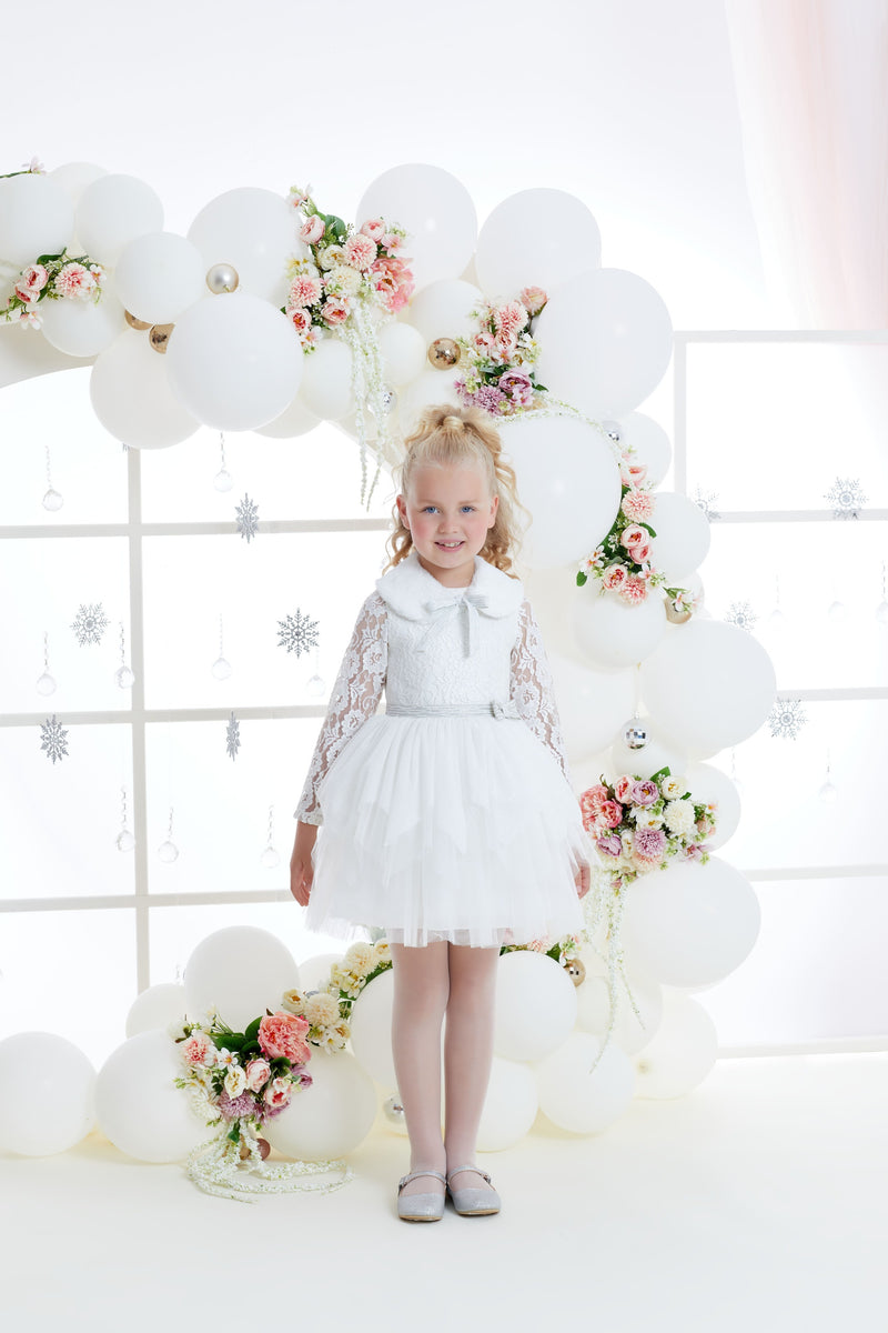 Buy Anabel Girls White Party Dress | Elegant Fur Collar and Bottom White Buy Anabel Girls White Party Dress | Elegant Fur Collar and Bottom White