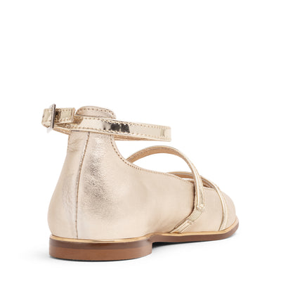 Gold Girls Leather Ballerina Shoes with Ankle Strap by Andanines