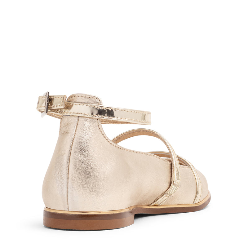 Gold Girls Leather Ballerina Shoes with Ankle Strap by Andanines