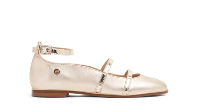 Gold Girls Leather Ballerina Shoes with Ankle Strap by Andanines