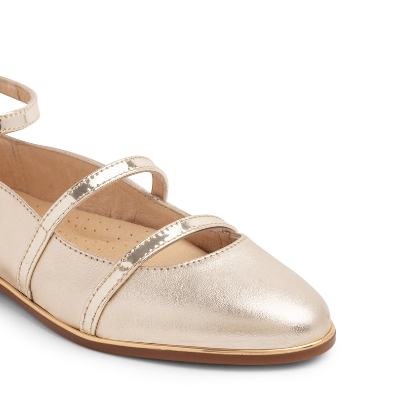 Gold Girls Leather Ballerina Shoes with Ankle Strap by Andanines