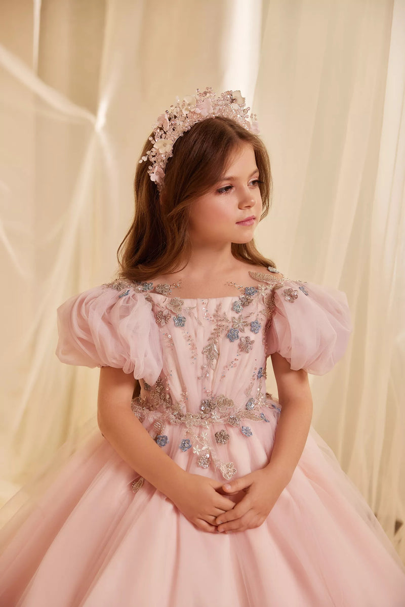 Handmade girls headband with pink and ivory flowers, crystals, and beads – special occasion hairpiece