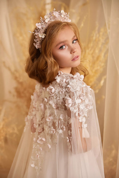 Handmade girls headband with pink and ivory flowers, crystals, and beads – special occasion hairpiece
