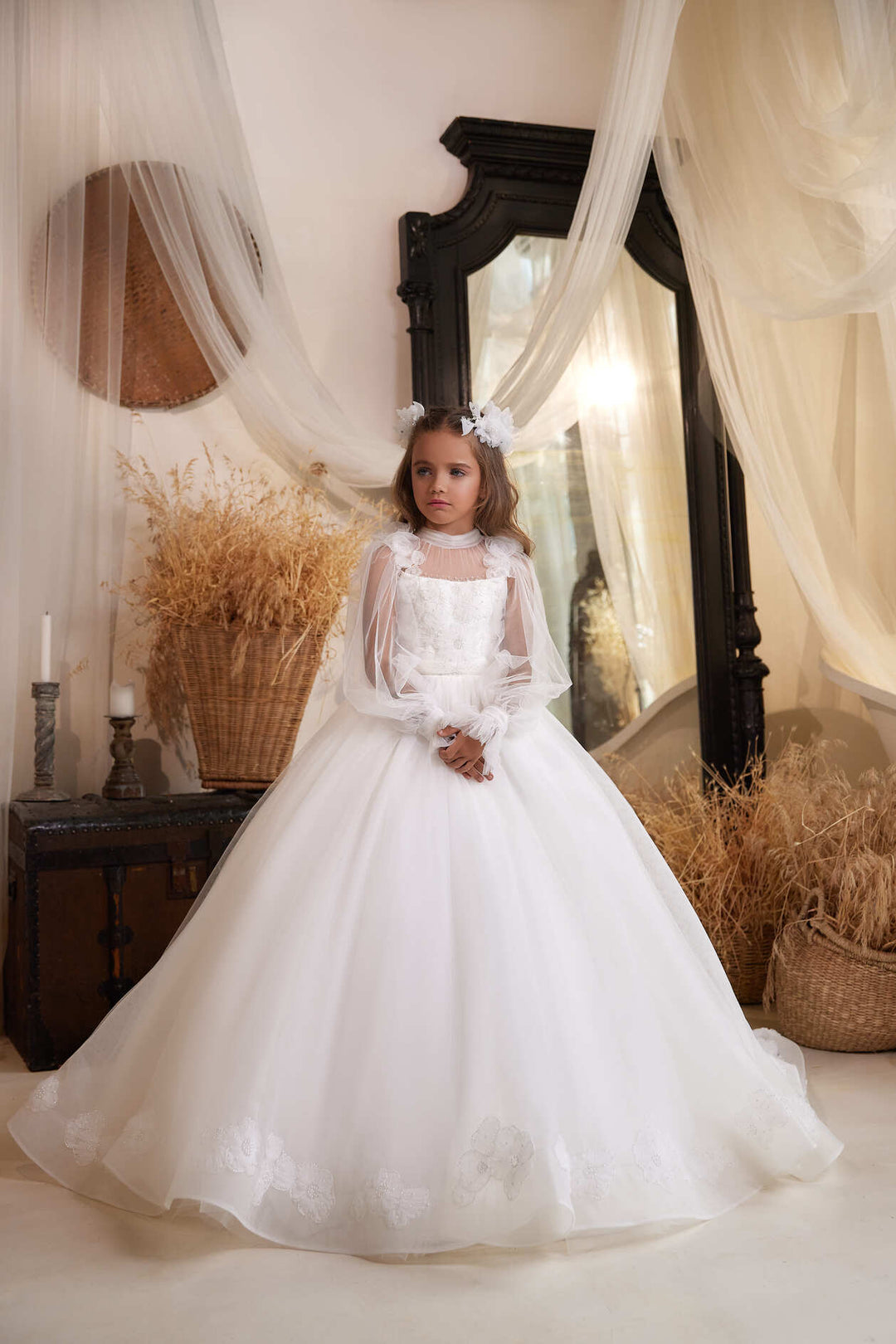 Hanover flower girl dress with embroidered lace Custom Size / White