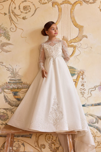 Ivory first communion dress with lace embroidery and long sleeves