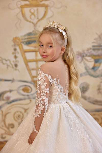 Handmade ivory flower crown headband with mother-of-pearl petals and golden accents for girls’ special occasions