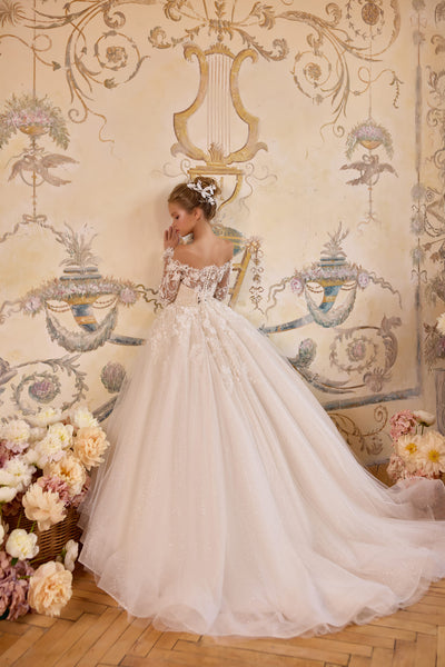 Front view of vintage ivory lace wedding dress for girls