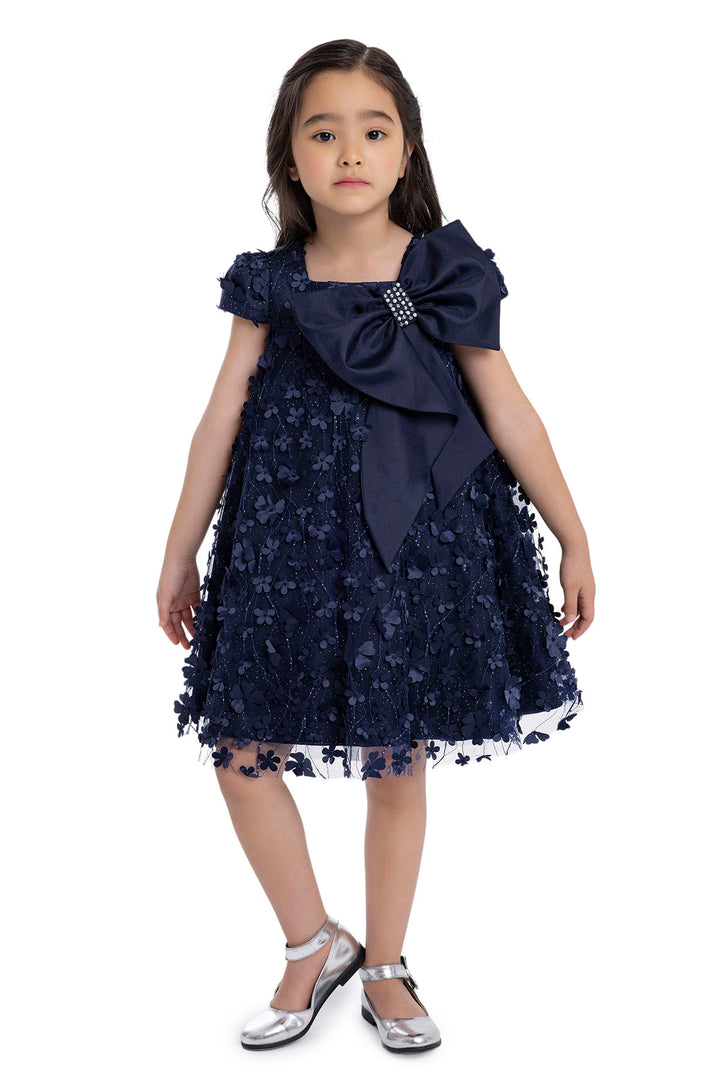 navy blue dress for 12 year old Kids Dresses Trapeze with a Bow Size:3XL (34-35 sleeve length) 2025 Winter Rich silky velvet feeling Alexander McQueen lace-up floral-print