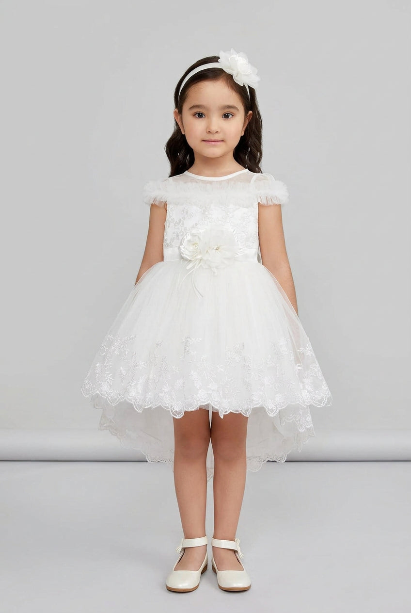 Baby baptism dress with illusion neckline, cap sleeves and fabric flower at the waist - Mia Bambina Boutique
