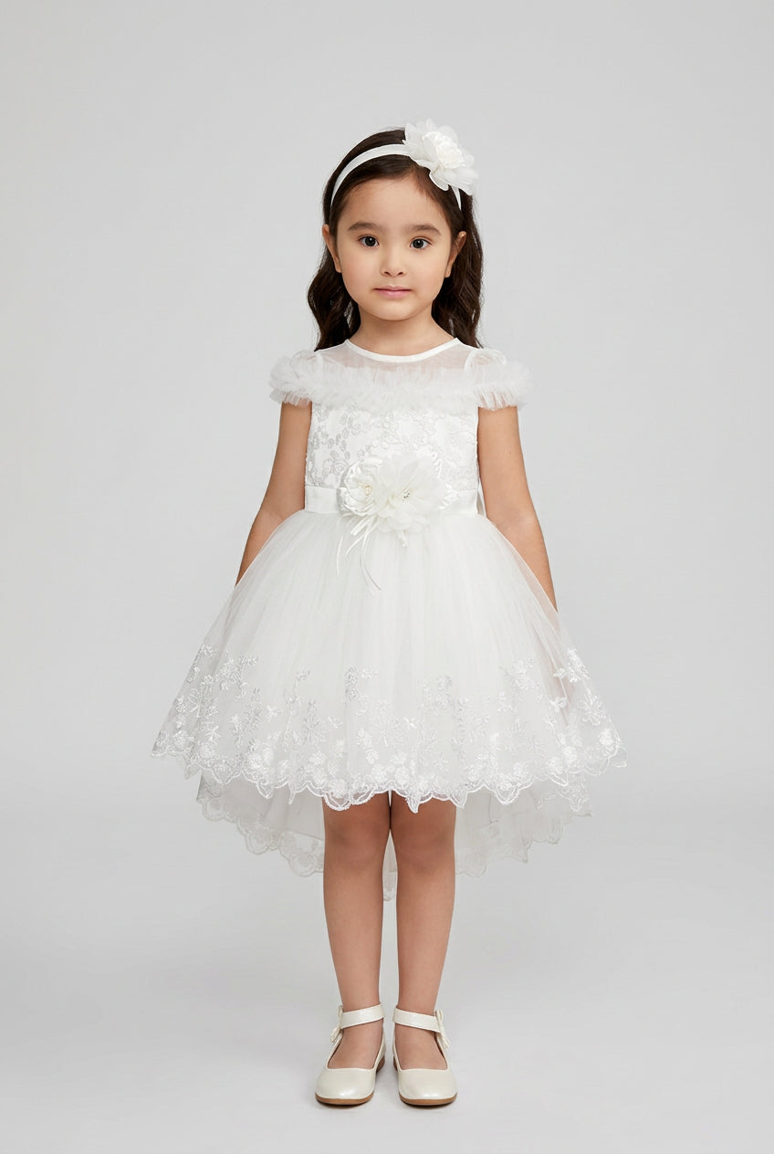 Lace high-low baby baptism dress in off-white tulle, front view on toddler model - Mia Bambina Boutique