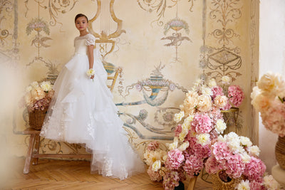 Back view of lace Communion gown with bow and button closure