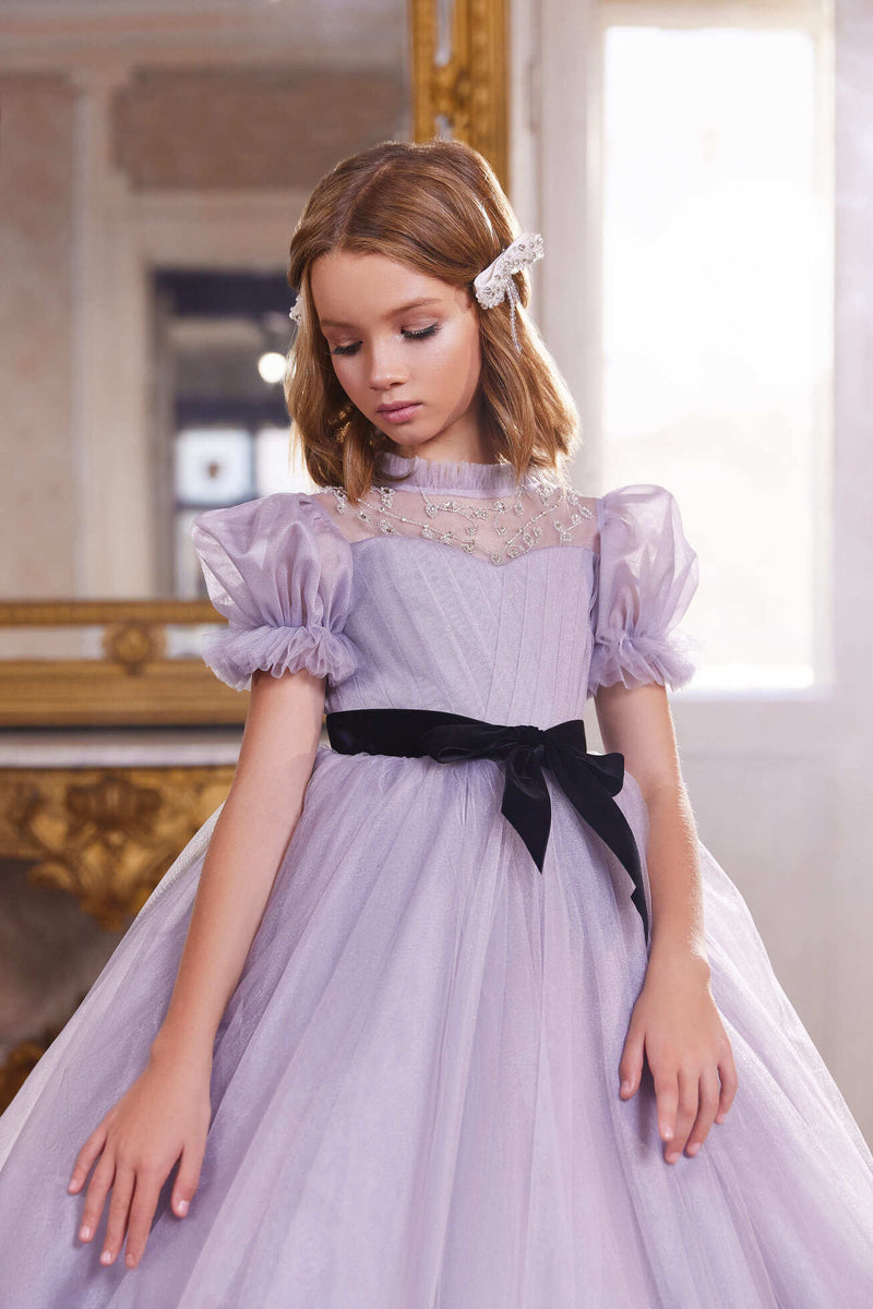 Lilac Flower Girl Dress with Black Velvet Sash by Mia Bambina Boutique