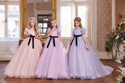 Lilac Flower Girl Dress with Black Velvet Sash by Mia Bambina Boutique