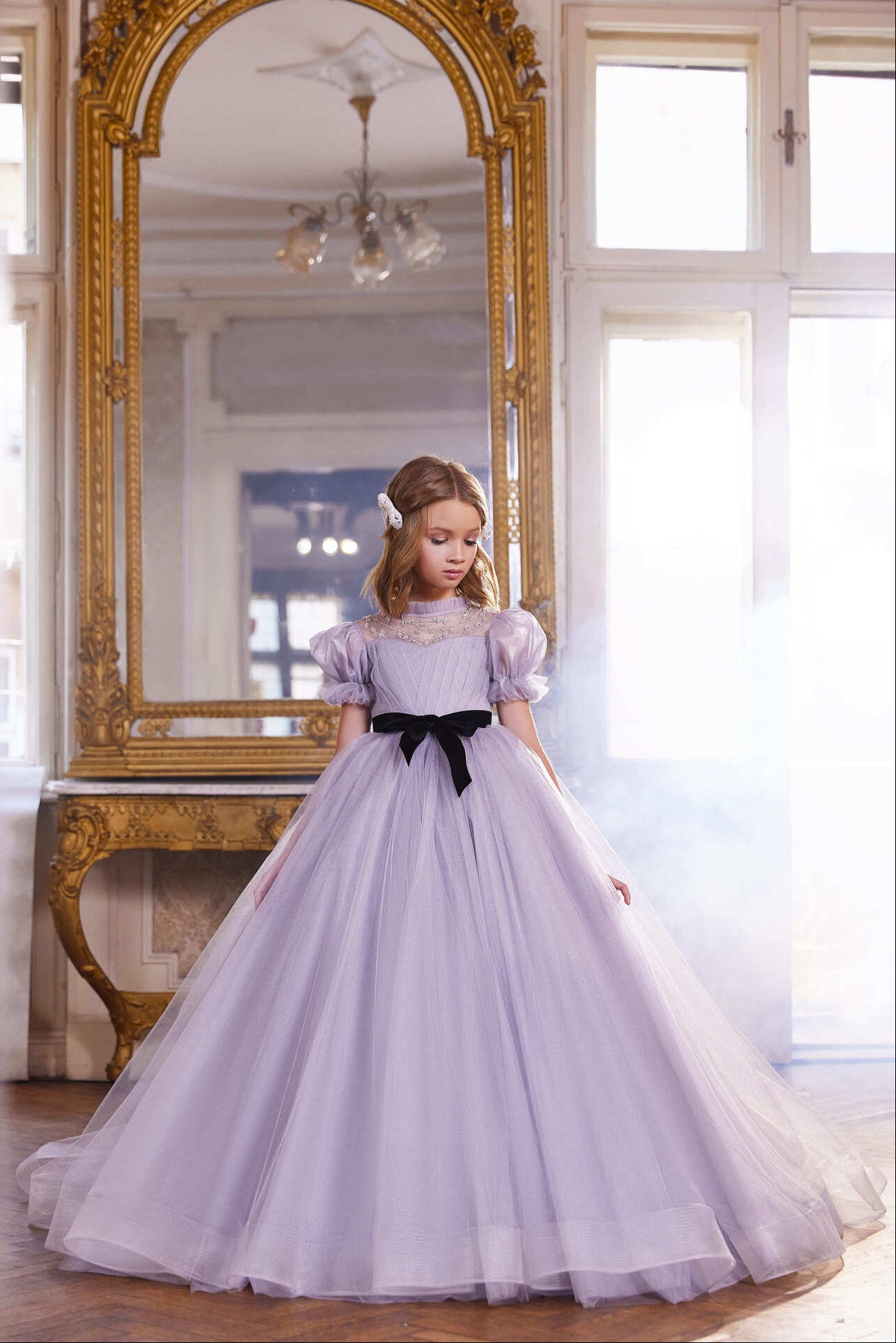 Lilac Flower Girl Dress with Black Velvet Sash by Mia Bambina Boutique
