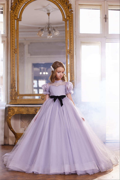 Lilac Flower Girl Dress with Black Velvet Sash by Mia Bambina Boutique