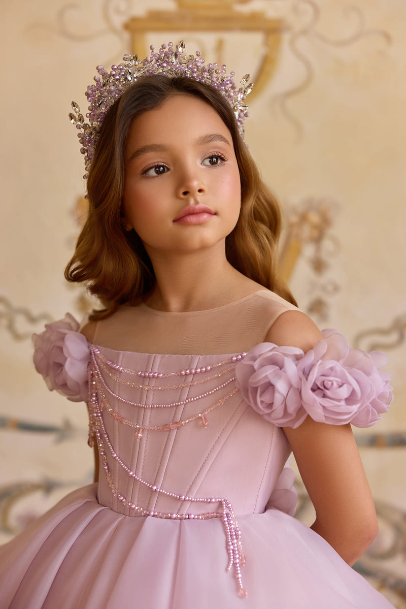 Close-up of lilac dress bodice with beaded draping and flowers