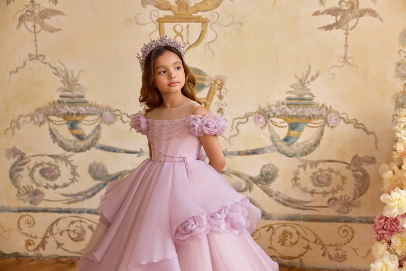Lilac tulle pageant dress with layered skirt and 3D roses