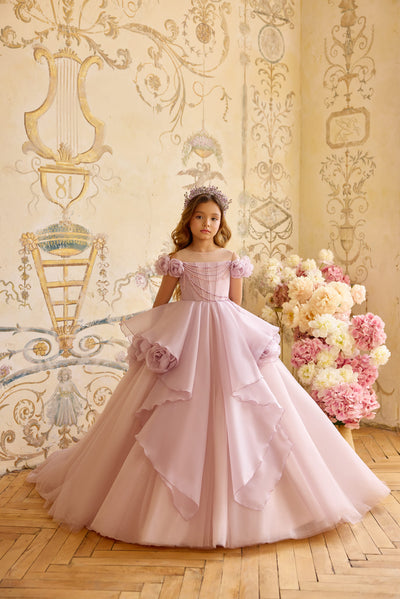 Lilac flower girl dress with 3D floral appliqués and layered skirt