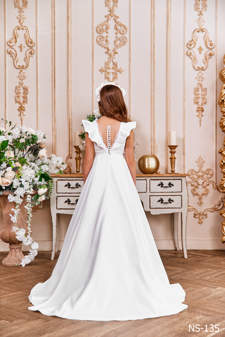 Buy Long Satin Dress with Flared Sleeves