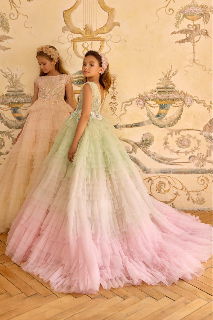 Luxury Ombre Pageant Dress for Girls | Pastel Couture Ball Gown Pre-order to RENT / White
