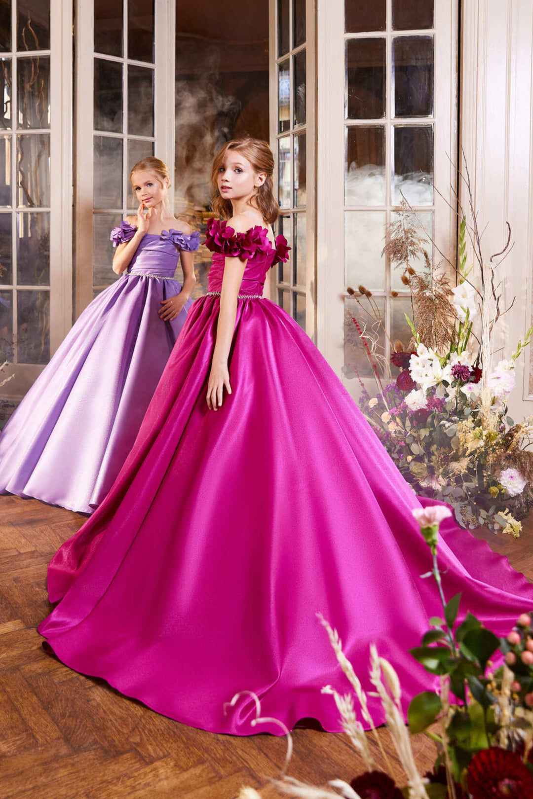 Magenta Dress for Flower Girls with Long Train