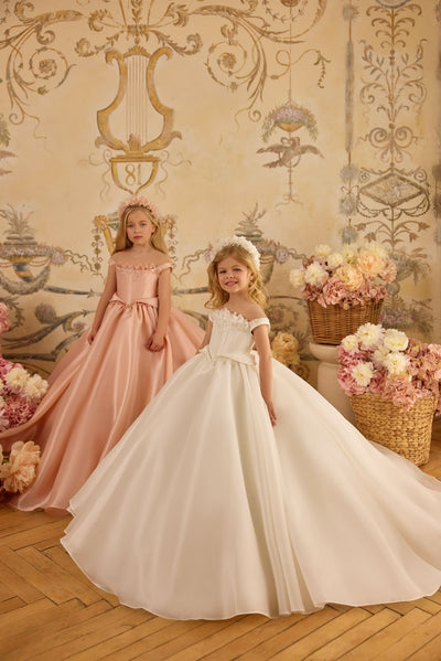 Ivory Mikado satin dress for girls with off-shoulder floral neckline by Mia Bambina Boutique