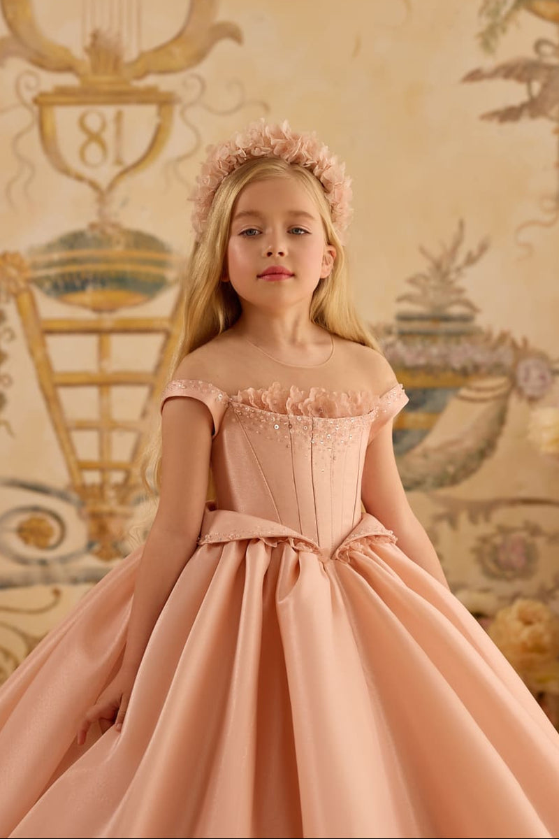 Blush pink satin flower girl dress with full skirt