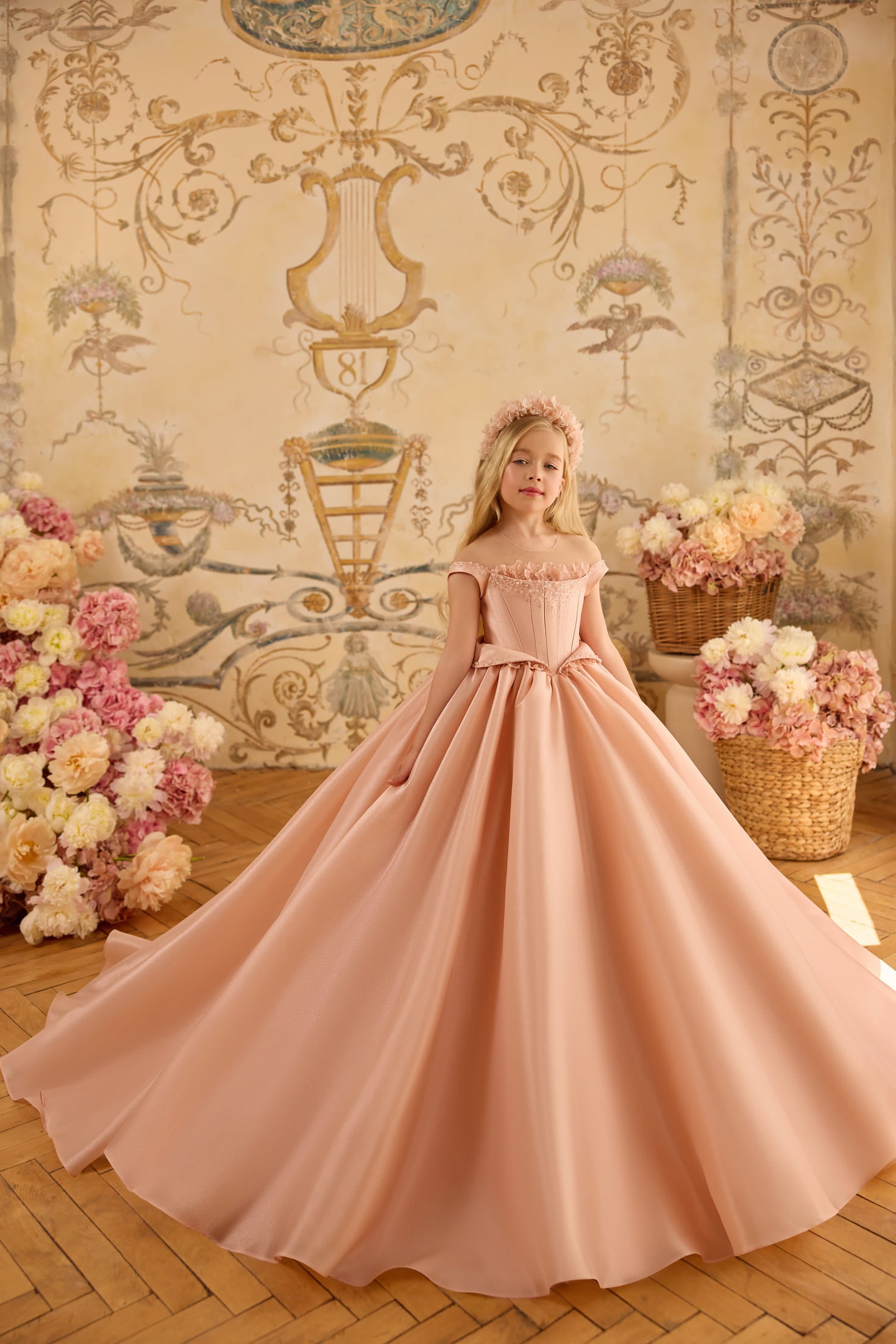 Blush pink satin flower girl dress with full skirt