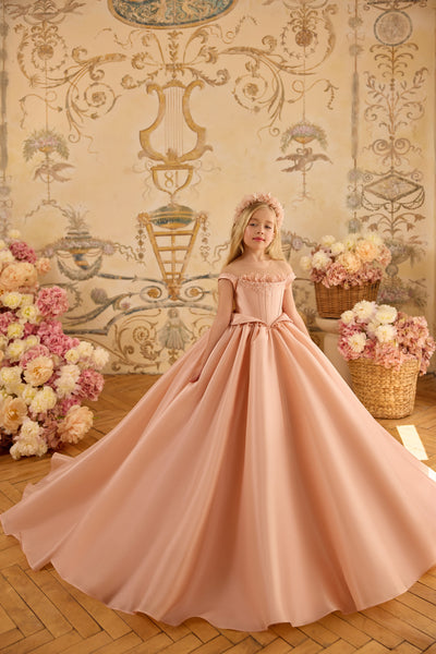 Blush pink satin flower girl dress with full skirt