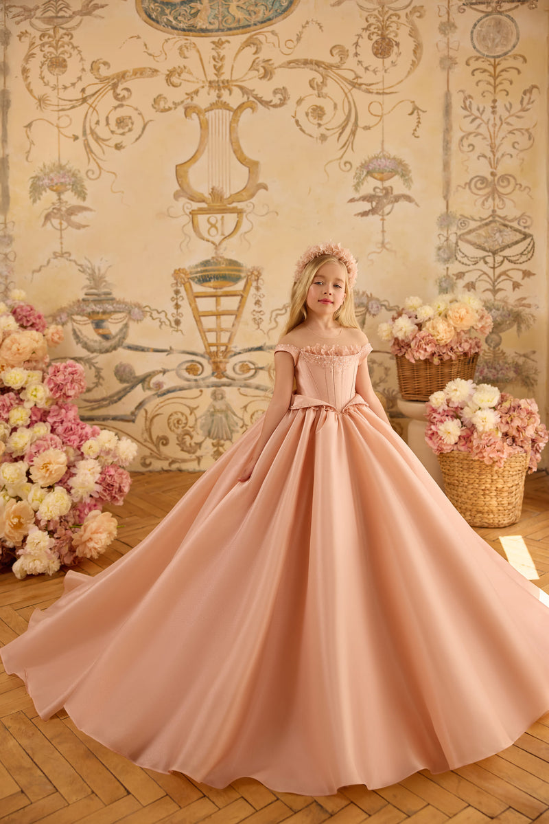 Blush pink satin flower girl dress with full skirt