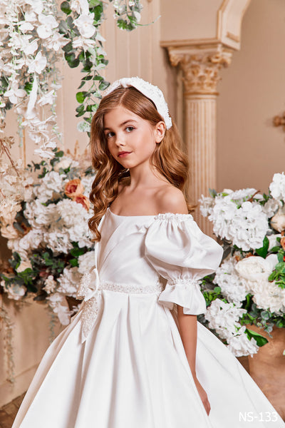 Off White Mikado Satin Off the Shoulder Dress by Mia Bambina Boutique Canada