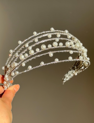 Handmade multi-strand pearl headband for girls with crystals and pearls – elegant special occasion hair accessory