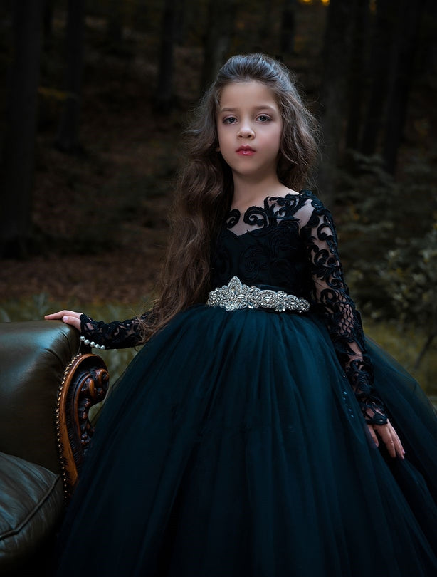 Muscat Long Black Flower Girl Dress Size 7-8