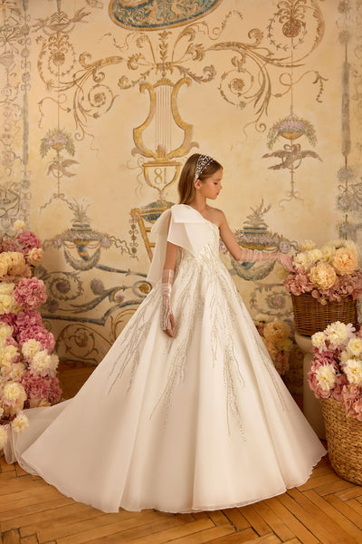 Luxury off-white Communion gown with asymmetric neckline and sparkling embellishments