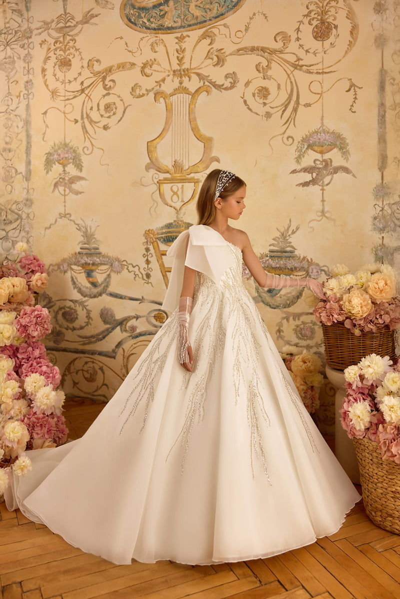 Luxury off-white Communion gown with asymmetric neckline and sparkling embellishments