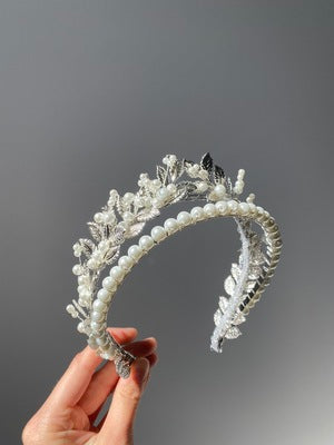 Handmade girls’ communion headpiece with pearls and crystals on a flexible halo band