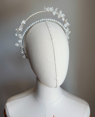 Handmade pearl and floral two-tier halo headband for girls – elegant Communion and wedding accessory