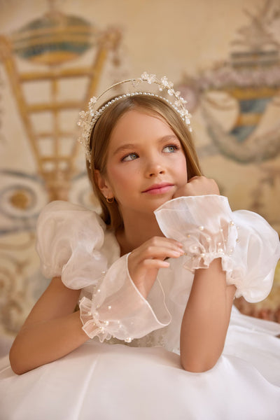 Handmade pearl and floral two-tier halo headband for girls – elegant Communion and wedding accessory